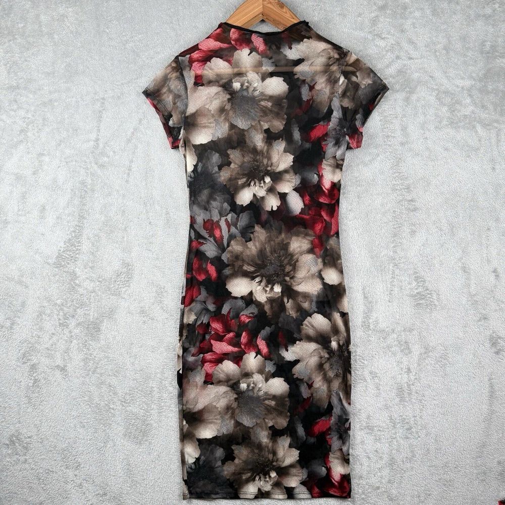 Dark Floral Midi Dress Y2K Sheer Mock Neck Whimsigoth‎ Gothic Fairy Grunge S
